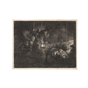 Rembrandt Harmensz van Rijn (Dutch, 1606-1669) The Adoration of the Shepherds: A Night Piece Etching, circa 1657, on laid paper, a good impression of New Hollstein's ninth state (of eleven), with unidentified watermark, with small margins, unframedPlate 148 x 198mm (5 3/4 x 7 3/4in)Sheet 160 x 206mm (6 1/4 x 8 1/8in)