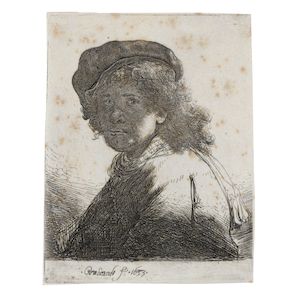 Rembrandt Harmensz van Rijn (Dutch, 1606-1669) Self-Portrait in a Cap and Scarf with the Face dark: Bust Etching, 1633, on laid paper, a later impression of New Hollstein's fourth state (of five), trimmed just inside the platemark in places, with thread margins elsewhere, unframedPlate 132 x 103mm (5 1/8 x 4 1/8in)Sheet 134 x 105mm (5 1/4 x 4 1/4in)