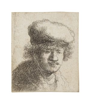 Rembrandt Harmensz van Rijn (Dutch, 1606-1669) Self Portrait with Cap pulled forward Etching with drypoint, circa 1630, on heavy laid paper, a very good impression of New Hollstein's seventh or eighth state (of ten), trimmed to or just inside the platemark,unframedPlate 50 x 42mm (2 x 1 5/8in)