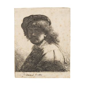 Rembrandt Harmensz van Rijn (Dutch, 1606-1669) Self portrait in a Cap and Scarf with the Face dark: Bust Etching, 1633, on laid paper, a good impression of New Hollstein's third state (of five), trimmed to the platemark, unframedPlate 132 x 103mm (5 1/8 x 4 1/8in)