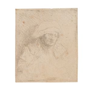 Rembrandt Harmensz van Rijn (Dutch, 1606-1669) Sick Woman with a large white Headdress (Saskia) Etching, circa 1645, on laid paper, a later impression of this lightly bitten print, New Hollstein's second, final state, with thread margins, unframedPlate 61 x 51mm (2 3/8 x 2in)Sheet 63 x 53mm (2 1/2 x 2 1/8in)