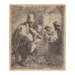 Rembrandt Harmensz van Rijn (Dutch, 1606-1669) The Strolling Musicians Etching, circa 1635, on wove paper, New Hollstein's second state (of three), with small margins, framedPlate 138 x 115mm (5 3/8 x 4 1/2in)Sheet 145 x 123mm (5 5/8 x 4 7/8in)