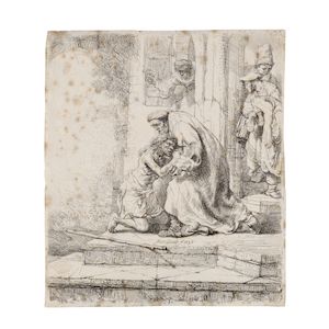 Rembrandt Harmensz van Rijn (Dutch, 1606-1669) The Return of the Prodigal Son Etching, 1636, on laid paper, a good impression of New Hollstein's first state (of three), trimmed to the left platemark, otherwise with narrow to thread margins, unframedPlate 156 x 136mm (6 1/8 x 5 3/8in)Sheet 159 x 139mm (6 1/4 x 5 1/2in)