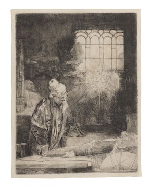 Rembrandt Harmensz van Rijn (Dutch, 1606-1669) A Scholar in his Study (Faust) Etching, circa 1652, on wove paper, a good impression of the sixth state (of seven), with small margins, framedPlate 210 x 160mm (8 1/4 x 6 3/8in)Sheet 220 x 170mm (8 5/8 x 6 5/8in)