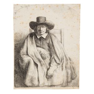 Rembrandt Harmensz van Rijn (Dutch, 1606-1669) Clement de Jonghe, Printseller Etching and drypoint, 1651, on laid paper, New Hollstein's eighth state (of ten), trimmed along the lower right platemark, with narrow margins elsewhere, unframedPlate 207 x 162mm (8 3/8 x 6 3/8in)Sheet 214 x 164mm (8 3/8 x 6 1/2in)