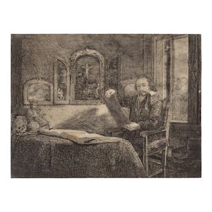 Rembrandt Harmensz van Rijn (Dutch, 1606-1669) Abraham Francen, Apothecary Etching, engraving circa 1657, on laid paper backed onto another sheet, New Hollstein's eleventh state (of twelve), trimmed just inside the platemark, unframedSheet 154 x 204mm (6 1/8 x 8in)