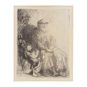 Rembrandt Harmensz van Rijn (Dutch, 1606-1669) Abraham caressing Isaac Etching, circa 1637, on heavy laid paper, New Hollstein's third state (of four), with grey wash added to some areas of wear, with small margins, framedPlate 116 x 89mm (4 1/2 x 3 1/2in)Sheet 129 x 100mm (5 1/8 x 101in)