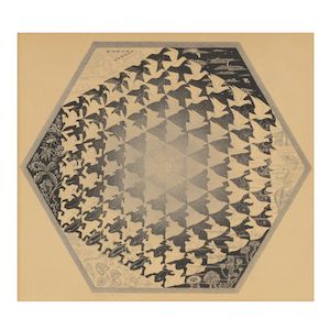 Maurits Cornelis Escher (Dutch, 1898-1972) Verbum (Erde, Luft und Wasser) Lithograph, 1942, on van Gelder wove paper, signed and numbered 18/40 in pencil, further titled and priced in pencil to the margin in pencil (as issued), with margins, framedImage 332 × 386mm (13 × 15 1/4in)Sheet 402 × 452m (15 5/8 × 17 3/4in)