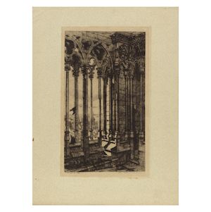 Charles Meryon (French, 1821-1868) La galerie Notre-Dame Etching and engraving, 1853, on verdâtre (pale green) laid paper, from the third state (of five), the full sheet, framedPlate 283 × 175mm (11 1/8 × 6 7/8in)Sheet 390 × 288mm (15 3/8 × 11 3/8in)