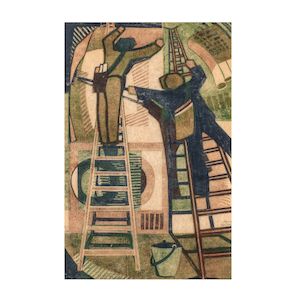 Lill Tschudi (Swiss, 1911-2004) Sticking Up Posters Linocut printed in dark blue, brown, and viridian, 1933, on thin off-white oriental laid paper, signed, titled, inscribed 'Hand-print' and number 31/50 in pencil, with an additional signature, with margins, framedBlock 302 x 200mm (11 7/8 x 7 7/8in)Sheet 344 x 223mm (13 1/2 x 8 3/4in)