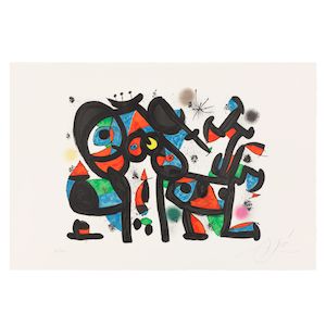 Joan Miro (Spanish, 1893-1983) Magie Blanche I, from Allegro Vivace Lithograph in colours, 1981, on wove paper, signed and numbered 82/100 in pencil, printed by Atelier LeLong, published in 1987 by Daniel Lelong Éditeur, Paris, the full sheet, framedSheet 610 × 900mm (25 1/2 × 36 1/8in)
