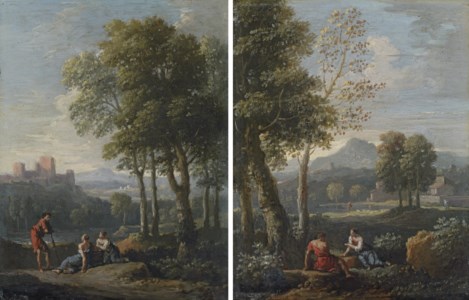 A classical mountainous landscape with a man and a woman seated beneath a tree, a herd of sheep beyond; and A classical mountainous landscape with figures resting by a stream, a castle beyond