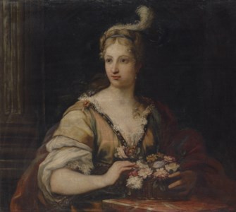 A lady in a yellow dress and red robe, with a feathered headdress, arranging a basket of flowers
