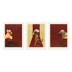 Francis Bacon (British, 1909-1992) Deuxième version du triptyque 1944 The complete set of three lithographs in colours, 1989, on Arches wove paper, each signed and numbered 7/60 in pencil (there were also eight artist's proofs), printed by Art Estampe, published by Michel Archimbaud for Librairie Séguier for the IRCAM, Centre Pompidou, Paris, the full sheets, framedImages 622 × 464mm (24 1/2 × 18 1/4in)(3)Sheets 752 × 560mm (29 5/8 × 22in)(3)