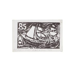 Dame Tracey Emin (British, born 1963) A Collection of four rare woodcuts and a woodblock, 1985-86 Tall Ships in Strood, woodcut, signed and titled in pencil, dedicated in blue ballpoint pen verso, block 74 x 117mm (3 x 4 5/8in); The Man in a Drum, wooden block in two parts, carved with the date, title and artist's initials, overall 124 x 20 x 20mm (4 7/8 x 1 3/4 x 1 3/4in); Woman's Head, an unsigned woodcut attributed to the artist, on tissue thin Japan paper, block 75 x 46mm (3 x 1 3/4in); Embracing Couple, woodcut, inscribed by the artist in blue ballpoint pen verso, block 74 x 120mm (3 x 4 3/4in); A Ship on my head and a bottle, etching, presented as a greeting card, signed and dated in pencil on the card, inscribed in ballpoint pen inside, trimmed inside the platemark, plate 57 x 57mm (2 1/3 x 2 1/4in), all housed in one frame (5)