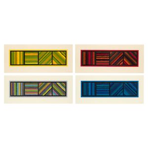 Sol LeWitt (American, 1928-2007) Bands (Not Straight) in Four Directions The complete set of four woodcuts in colours, 1999, on Zangetsu Japan paper, each signed and numbered 60/75 in pencil (there were also ten artist's proofs), printed by Katsumi Suzuki and Choichi Nishikawa, Watanabe Studio Ltd., published by Parasol Press, New York, the full sheets, framedImage 215 x 750mm (8 1/2 x 29 1/2in)(4)Sheet 370 x 890mm (14 1/2 x 35in)(4)