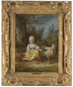 A young milkmaid and a goat at a well