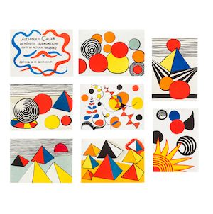 Alexander Calder (American, 1898-1976) La Mémoire Elémentaire Eight lithographs printed in colours, 1973, on japon nacré, each signed in pencil and annotated 'VI/L' (there was also an edition of 100 on Arches), printed by Arts-Litho, published by Editions de la Différence, Paris, the full sheets, with text and justification page, and housed within the original caseEach sheet (20 1/2 x 28 1/2in)(8)