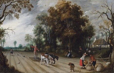An Allegory of Autumn: A farmer harrowing a field while another sows, with peasants gathering apples in an orchard beyond