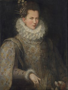 Portrait of a lady, half-length, in an embroidered gown and white collar, with a dog