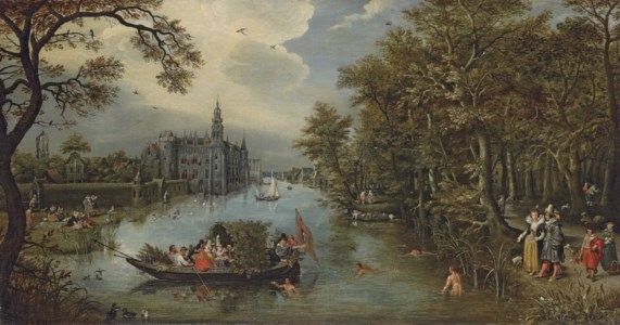 Summer: A river landscape with elegant company desporting in a boat and on the banks, a castle beyond