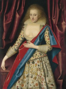 Portrait of lady, probably Lady Thornhagh, three-quarter-length, in an embroidered bodice and an embroidered dress, with a pale yellow lace collar, and a blue and red mantle over her left shoulder, beside a table, flanked by draped curtains
