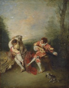 La Surprise : A couple embracing while a figure dressed as Mezzetin tunes a guitar