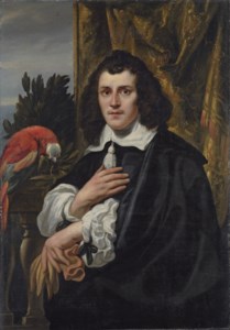 Portrait of a young man, half-length, in black doublet and cloak with white collar and sleeves, holding a pair of gloves, a parrot on a parapet beside him