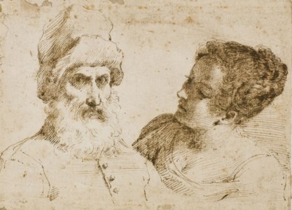 A bearded man, half-length, wearing a hat, and a young woman