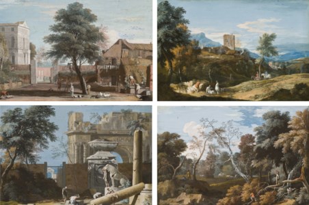 Marco Ricci, Peasants working near a farm, with a Venetian villa in the background; A capriccio with antique ruins, a triumphal arch and a statue of a lion; A hilly landscape with a medieval tower and figures in the foreground; and Woodcutters in a wooded landscape