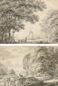 A swineherd with three pigs on a track, a windmill beyond; and A peasant watering his animals at a ford