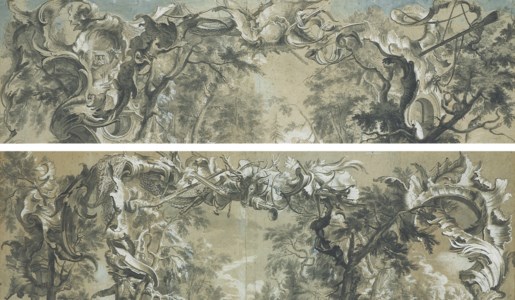 A rocaille decoration with a stag hunt above trees; and A rocaille decoration with a hunting horn and rifle