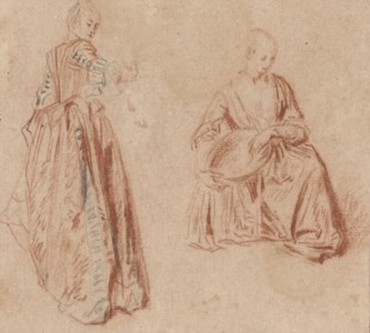 Studies of two girls: one seen from behind looking over her right shoulder, the other seated, holding a basket