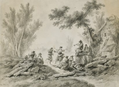 Peasants resting and dancing to a piper beside a farm
