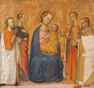 SCUOLA ITALIANA DEL SEC. XIX, NEI MODI DI SASSETTA, MADONNA CON BAMBINO E QUATTRO SANTI