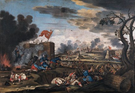 SCUOLA ITALIANA, PRIMA METà DEL SECOLO XVIII, ASSEDIO DI UNA CITTà, CON UN BOMBARDAMENTO DI ARTIGLIERIA SCONTRO DI CAVALLERIA SU UN PONTE