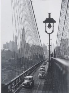 New York Harbor, Looking Toward Manhattan from the Footpath on Brooklyn Bridge, October, 1946