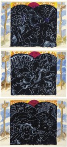 Yo Sign signed, titled and dated 'R. Colescott 96 Yo Sign' (lower edge) watercolor, oil and graphite on paper 29½ x 41¾ in. (74.9 x 106 cm.) Executed in 1996. Yo Yard? signed, titled and dated '"Yo Yard?" R. Colescott 96' (lower edge) watercolor, oil and graphite on paper 29½ x 41¾ in. (74.9 x 106 cm.) Executed in 1996. Yo Marriage signed, titled and dated 'R. Colescott Yo Marriage' (lower edge) watercolor, oil and graphite on paper 29½ x 41¾ in. (74.9 x 106 cm.) Executed in 1996. (3)