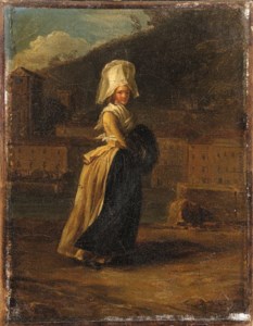 'La Coquette': A Lady walking by a River, a Town beyond; and 'La Travailleuse': A Maid sewing by a Hearth