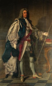 Portrait of Charles, 2nd Duke of Grafton (1683-1757), full-length, in Garter robes, holding a wand of office, beside a table on which rests his coronet, in an interior