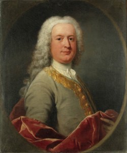 Portrait of a Gentleman believed to be a member of the Foley family, half-length, in a grey coat with gold brocade and a red velvet cloak, feigned oval