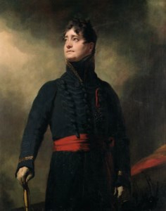 Portrait of James, 4th Earl of Fife (1776-1857), three-quarter-length, in military uniform, with a red sash, wearing the Badge of the Order of St. Ferdinand, a landscape beyond