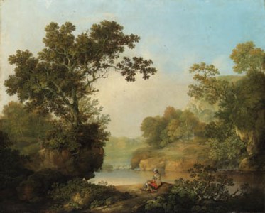 A wooded River Landscape with Figures, a cottage beyond
