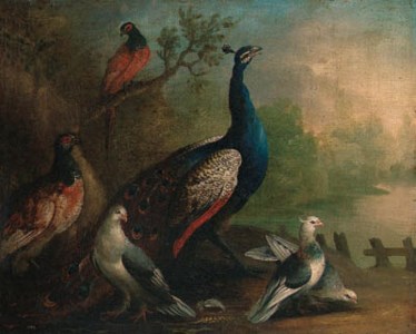 A Peacock, Doves and Pheasants by a Lake