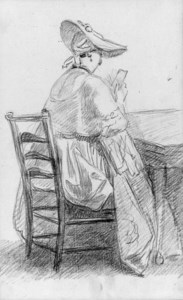 A lady seated on a ladder-backed chair, reading a letter, possibly the artist's wife