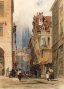 View in the Rue de la Tuile, Rouen, with the tower of St. Ouen in the distance, France