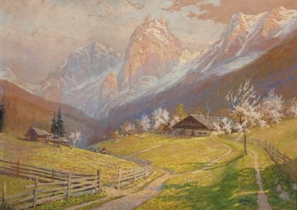 Figures walking in an Alpine Landscape