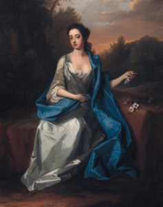 Portrait of a Lady, thought to be Elizabeth, Duchess of Beaufort, seated full-length, wearing a white satin dress with blue wrap, holding flowers in her left hand, in a landscape