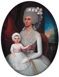Group Portrait of a Mother and Child, small three-quarter-length, both in white dresses, the child holding a ball, seated in an interior with a landscape beyond