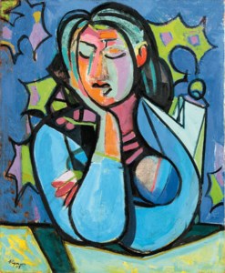 La femme accoude en bleu